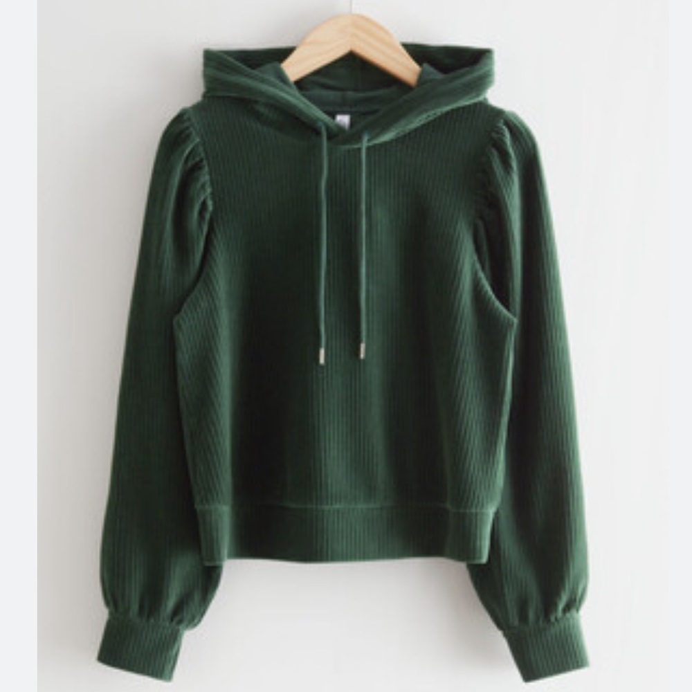 & Other Stories Dark Green Puff Shoulder Velour Hoodie Sweater